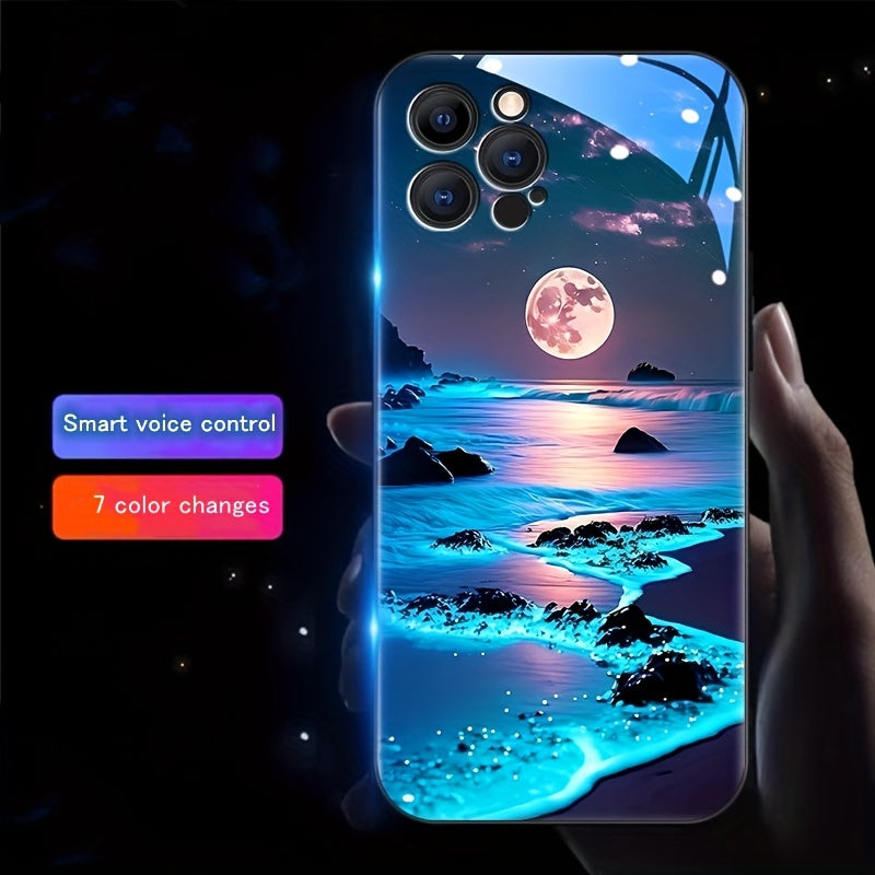 Glowing Meteor Sunset Beach Smart Voice-Controlled Luminous Phone Case Compatible with Samsung S24 Ultra/S23 Ultra/S23 FE/S21 FE/S22 Ultra/S21 Ultra/Iphone 15 14 Plus 13 12 11 Pro Max, Featuring Night Glow Technology And an E